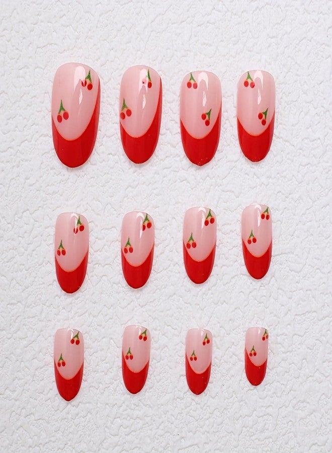 GRITOSE Red Press on Nail Short Fake Nails French Tip Press ones with designs Cherry False Nails Glossy Almond Acrylic Nail Artificial Gel Cute Glue on Nails for Women Manicure24pcs - Image 3